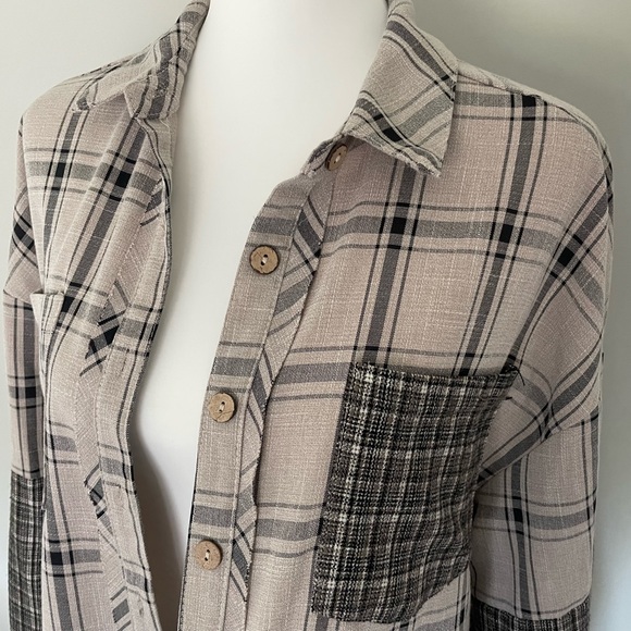 Oversized Plaid Neutral Mixed Pattern Button Down Patchwork Shirt - Picture 4 of 9